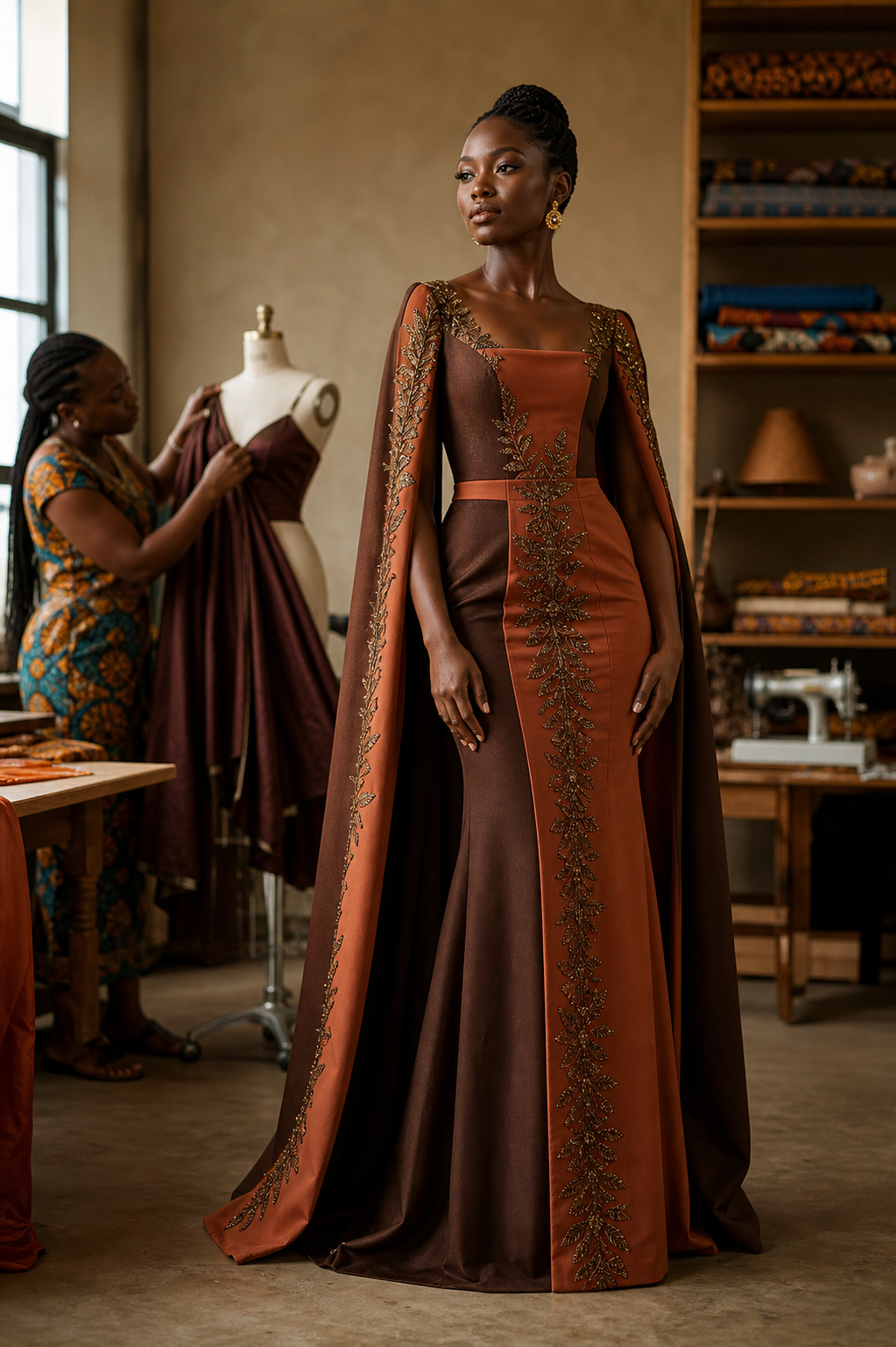 Modèle portant une création couture REV & RÉA dans un atelier